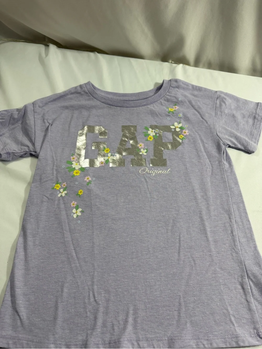 GAP Lavender Tee with Silver Logo and Floral Accent
